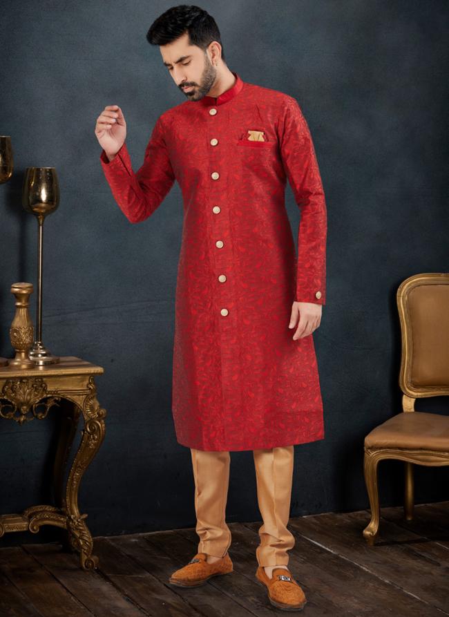 Jacquard Maroon Traditional Wear Weaving Kurta Pajama